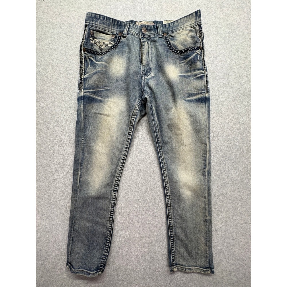 Monarchy Premium Denim Slim Stretch Jeans Light Wash Studded Braided Mens 36x32
